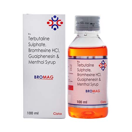 Product Name: BROMAG, Compositions of BROMAG are Terbutaline Sulphate, Bromhexine HCL, Guaiphensin & Menthol Syrup - Cista Medicorp