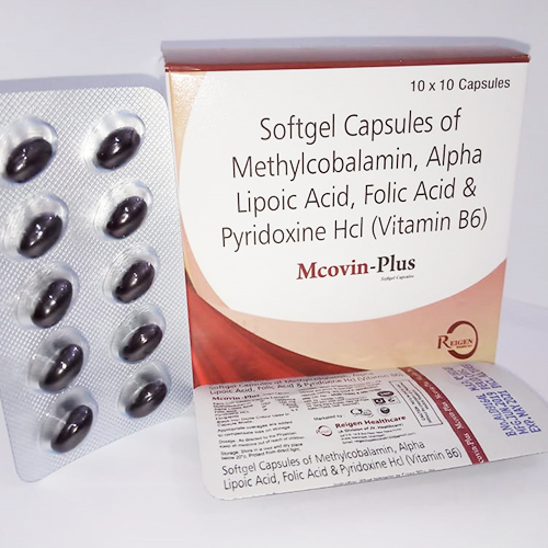 Product Name: MCOVIN PLUS Softgel Capsules, Compositions of MCOVIN PLUS Softgel Capsules are  Softgel capsules of Methycobalamin  Alpha Lipoic Acid  Folic Acid  Pyridoxine HCL - JV Healthcare