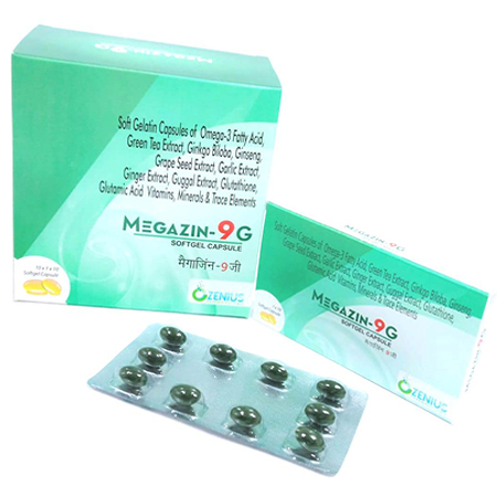 Product Name: MEGAZIN 9G, Compositions of MEGAZIN 9G are Soft Gelatin Capsules of Omega 3 Fatty Acid, Green Tea Extract, Ginkgo Bilobo Gingseng, GrapemSeed Extract, Garlic Extract, Ginger Extract Guggal Extract Gluthamine, Glutamic Acid Vitamins & Minerals & Trace Elements - Ozenius Pharmaceutials