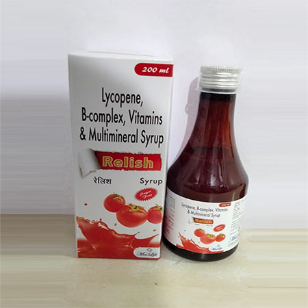 Product Name: Relish, Compositions of Relish are Lycopene Vitamin B-Complex Vitamins & Multimineral Syrup - Xenon Pharma Pvt. Ltd