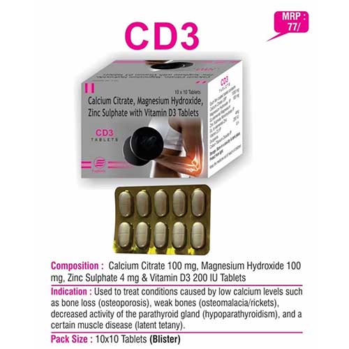 Product Name: CD3, Compositions of CD3 are Calcium Citrate, Magnesium Hydroxide, Zinc Sulphate with Vitamin D3 Tablets - Euphoria India Pharmaceuticals