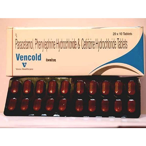 Product Name: Vencold, Compositions of Vencold are PCM 325mg  Phenylephrine 10mg  Cetrizine 5mg - Venix Global Care Private Limited