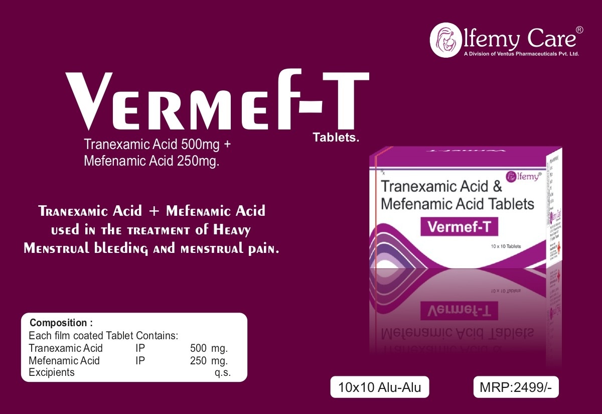Product Name: Vermef T, Compositions of Vermef T are Tranexamic Acid + Mefenamic Acid - Olfemy Care