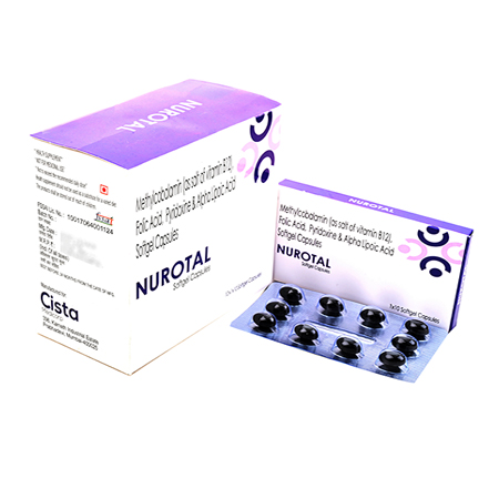 Product Name: NUROTAL, Compositions of NUROTAL are Methylcobalamin (as salt of vitamin B12), Folic Acid, Pyridoxine & Alpha Lipoic Acid Softgel Capsules - Cista Medicorp