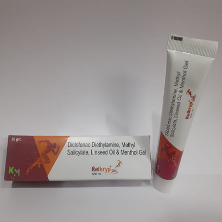 Product Name: RELKRYP GEL, Compositions of RELKRYP GEL are Diclofenac , Diethyfamine , Methyl Salicylate , Linseed Oil & Menthol Gel - Kryptomed Formulations Pvt Ltd