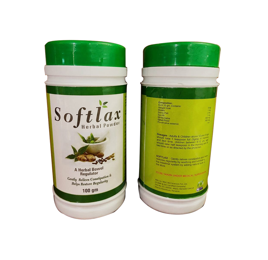 Product Name: Softlax, Compositions of Isabgol Husk, Mulathi, Sannay Patti, Saunth, Nimbu Satva, Gulab Phool are Isabgol Husk, Mulathi, Sannay Patti, Saunth, Nimbu Satva, Gulab Phool - Fawn Incorporation