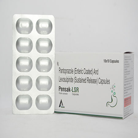 Product Name: PENSAK LSR, Compositions of PENSAK LSR are Pantoprazole (EC) And Levosulpiride (SR) Capsules - Alencure Biotech Pvt Ltd