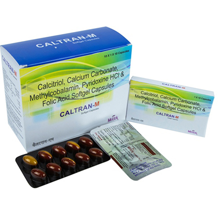 Product Name: Caltran M, Compositions of Caltran M are Calcitriol, Calcium Carbonate, Methylcobalamin, Pyridoxine HCL & Folic Acid Softgel Capsules - Medok Life Sciences Pvt. Ltd