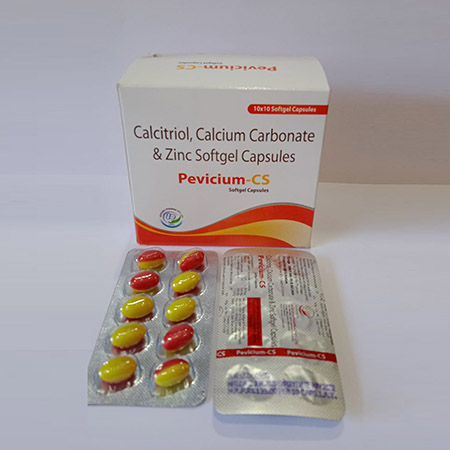 Product Name: Pevicium CS, Compositions of Pevicium CS are Calcitriol, Calcium Carbonate & Zinc Softgel Capsules - Adegen Pharma Private Limited