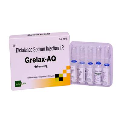 Product Name: Grelax AQ, Compositions of Grelax AQ are Diclofenac Sodium Injection IP - ISKON REMEDIES