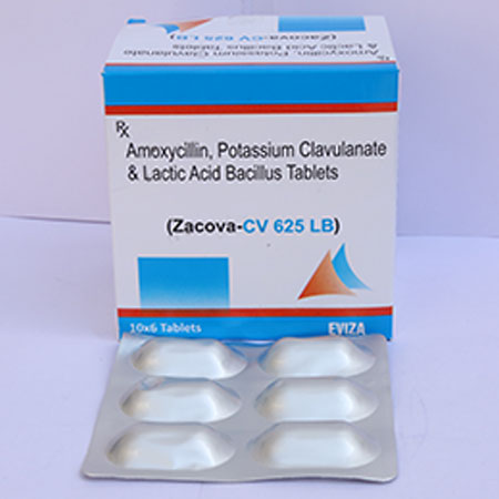 Product Name: Zacova CV 625 LB, Compositions of Zacova CV 625 LB are Amoxycillin, Potassium Clavulanate & Lactic Acid Bacillus Tablets - Eviza Biotech Pvt. Ltd