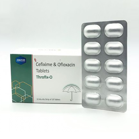 Product Name: Throfix O, Compositions of Throfix O are Cefixime & Ofloxacin Tablets - Amzor Healthcare Pvt. Ltd