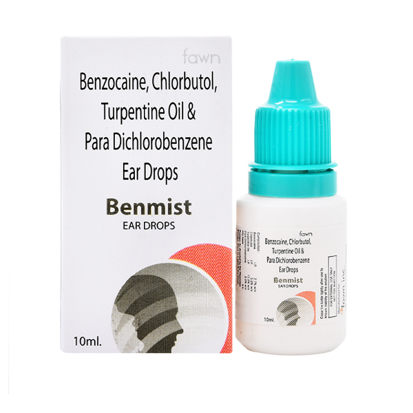 Product Name: BENMIST, Compositions of BENMIST are Benzocaine 2.7 % + Chlorbutol 5% + Terpentine Oil 15% + Para Dichlorobenzene 2.0% - Fawn Incorporation