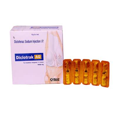 Product Name: Diclotrak AQ, Compositions of Diclotrak AQ are Diclofenac sodium injection IP - ISKON REMEDIES