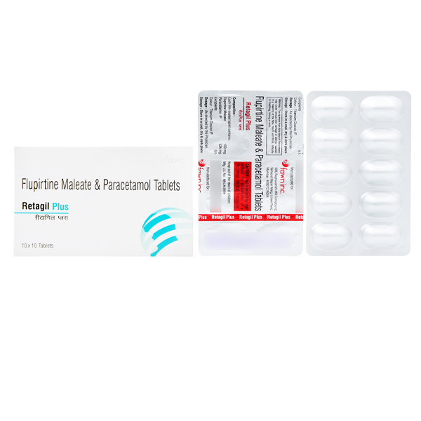 Product Name: RETAGIL PLUS, Compositions of RETAGIL PLUS are Flupirtine Maleate 100 mg. + Paracetamol 325 mg. - Fawn Incorporation