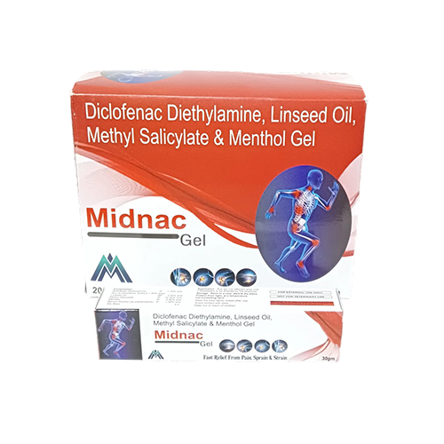 Product Name: Midnac, Compositions of Midnac are Diclofenac Diethylamine, Linseed Oil, Methyl Salicylate & Menthol Gel - Medlo Biotech