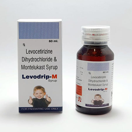 Product Name: Levodrip M, Compositions of Levodrip M are Levocetirizine Dihydrochloride & Montelukast Syrup - Noxxon Pharmaceuticals Private Limited