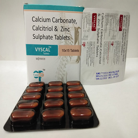 Product Name: Vyscal, Compositions of Vyscal are Calcium Carbonate, Calcitroil & Zinc Sulphate Tablets - Cassopeia Pharmaceutical Pvt Ltd