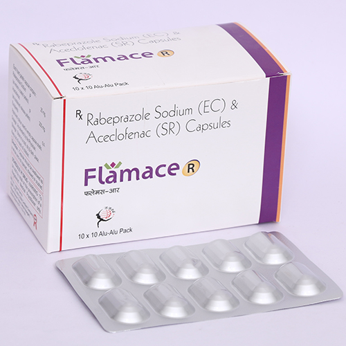 Product Name: FLAMACE R, Compositions of FLAMACE R are Rabeprazole Sodium (EC) & Aceclofenac (SR) Capsules - Biomax Biotechnics Pvt. Ltd