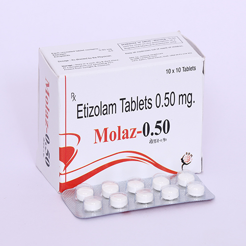 Product Name: MOLAZ, Compositions of MOLAZ are Etizolam Tablets 0.50mg - Biomax Biotechnics Pvt. Ltd