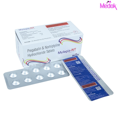 Product Name: Mylagia NT, Compositions of Mylagia NT are Pregabalin &  Nortriptyline Hydrochloride tablets - Medok Life Sciences Pvt. Ltd