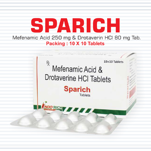 Product Name: Sparich, Compositions of Sparich are Mefenamic Acid and Drotavarine Hydrochloride Tablets - Pharma Drugs and Chemicals
