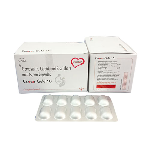 Product Name: Coravas Gold 10, Compositions of Coravas Gold 10 are Atorvastin Clopidogrel Bisulphate and Aspirin Capsules - Arlak Biotech