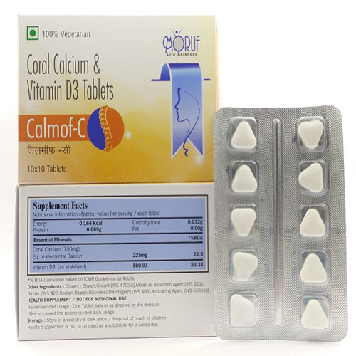 Product Name: Calmof C, Compositions of Calmof C are Coral Calcium & Vitamin D3 Tablets  - Arlak Biotech