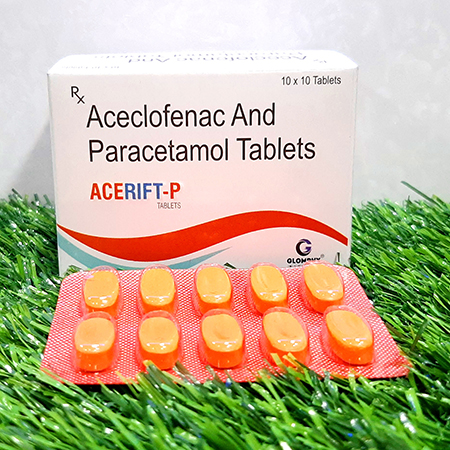 Product Name: Acerift P, Compositions of Acerift P are Aceclofenac & Paracetamol Tablets - Glomphy Biotech