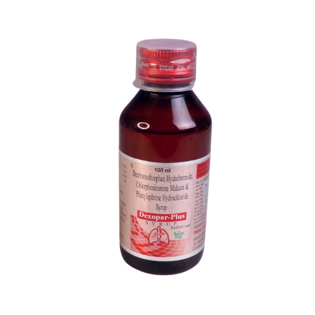 Product Name: Dexopar plus, Compositions of Dexopar plus are DEXOMETHORPHAN I.P. 10MG + PHENYLEPHRINE I.P. 5MG + CHLORPHENIRAMINE I.P. 2MG - Paras Laboratories Ltd