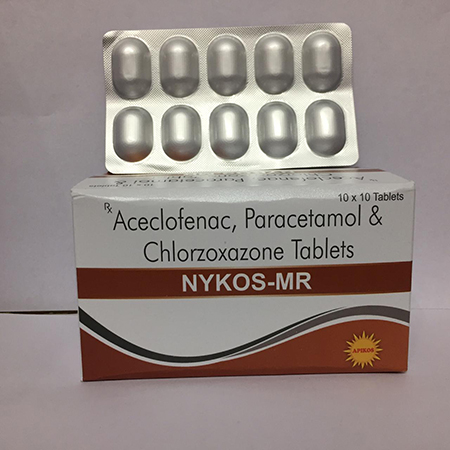 Product Name: NYKOS MR, Compositions of NYKOS MR are Aceclofenac, Paracetamol & Chlorzoxazone Tablets - Apikos Pharma
