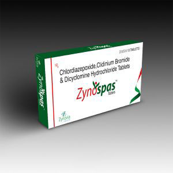 Product Name: Zynospas, Compositions of Zynospas are Chlordiazepoxide, Clidinium Bromide & Dicyclomine Hydrochloride Tablets - Zynovia Lifecare