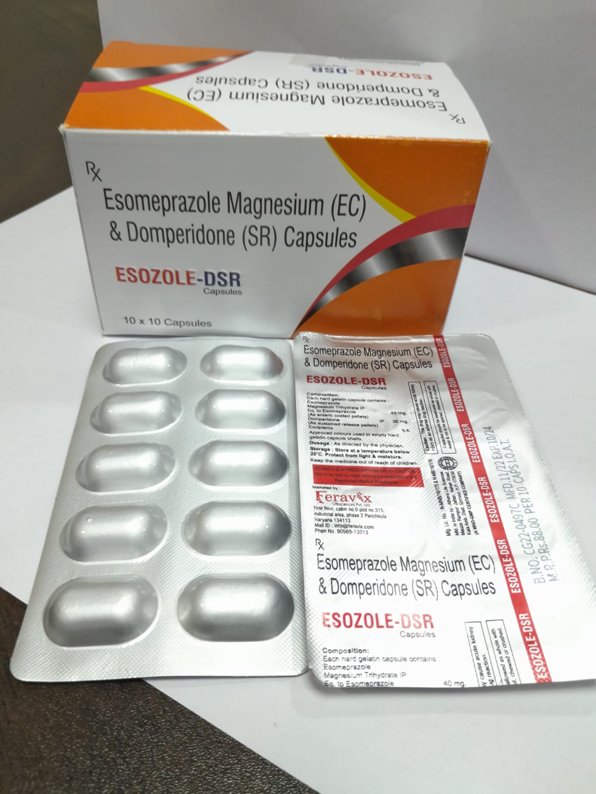 Product Name: ESOZOLE DSR Capsules, Compositions of ESOZOLE DSR Capsules are ESOMEPRAZOLE MAGNESIUM TRIHYDRATE EQ. TO ESOMEPRAZOLE (AS ENTERIC COATED PELLETS ) IP 40 MG, DOMPERIDONE (AS SUSTAINED RELEASE PELLETS ) IP 30 MG - Feravix Lifesciences