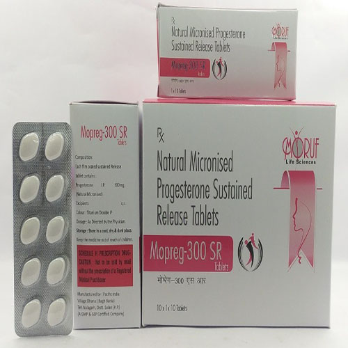 Product Name: Mopreg 300 Sr, Compositions of Mopreg 300 Sr are Natural Micronised Progesterone Sustained Release Tablets - Arlak Biotech