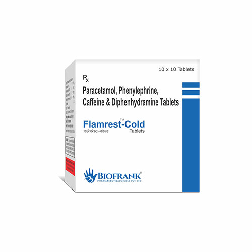 Product Name: Flamrest Cold, Compositions of Flamrest Cold are Paracetamol,Phenylephrine,Caffiene & Diphenhydramine Tablets  - Biofrank Pharmaceuticals (India) Pvt. Ltd