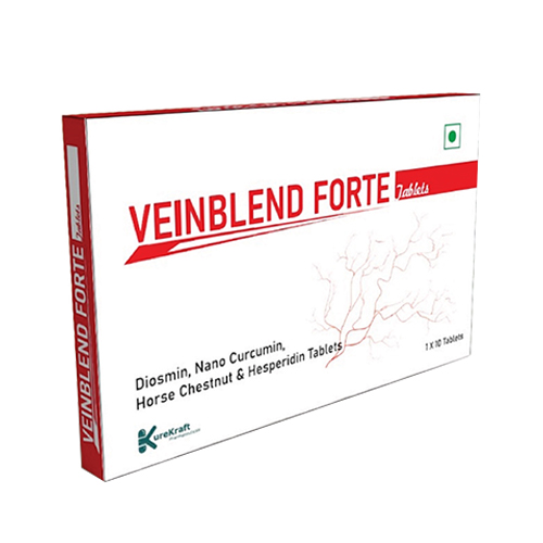 Product Name: VeinblendForte, Compositions of VeinblendForte are Diosmin, Nano Curcumin, Horse Chestnut & Hesperidin Tablets - KureKraft Pharmaceuticals