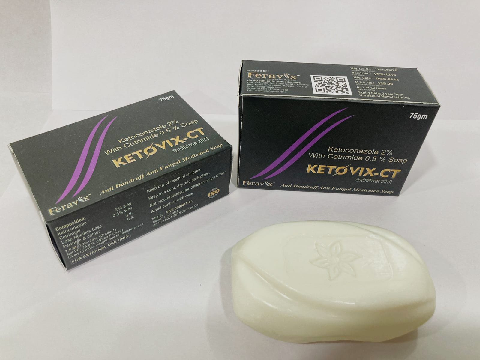 Product Name: KETOVIX CT Soap, Compositions of KETOVIX CT Soap are KETOCONAZOLE 2%, CETRIMIDE - Feravix Lifesciences