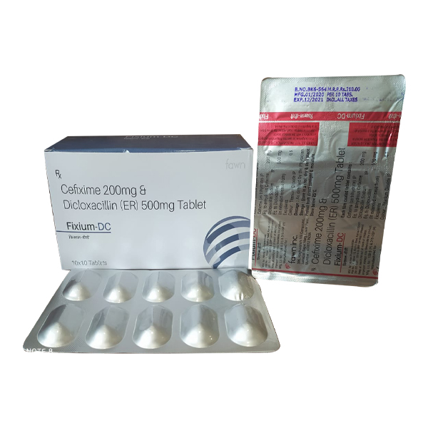 Product Name: FIXIUM DC, Compositions of FIXIUM DC are Cefixime 200 mg + Dicloxacillin 500 mg - Fawn Incorporation