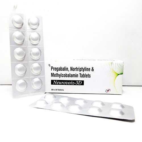 Product Name: Neurovoiz 3D, Compositions of Neurovoiz 3D are MECOBALAMIN 1500MG+NORTIPTYLINE 10MG+ PREGABALINE 75MG - Voizmed Pharma Private Limited