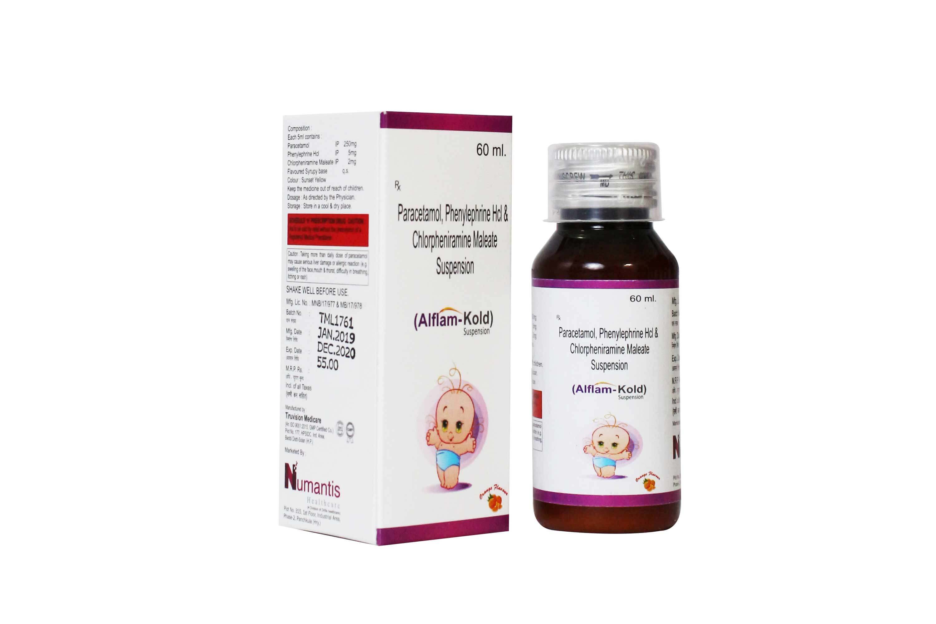 Product Name: Alfam Kold, Compositions of Alfam Kold are Paracetamol Phenylphrine HCL & Chlorpheniramine Maleate  Suspension - Numantis Healthcare