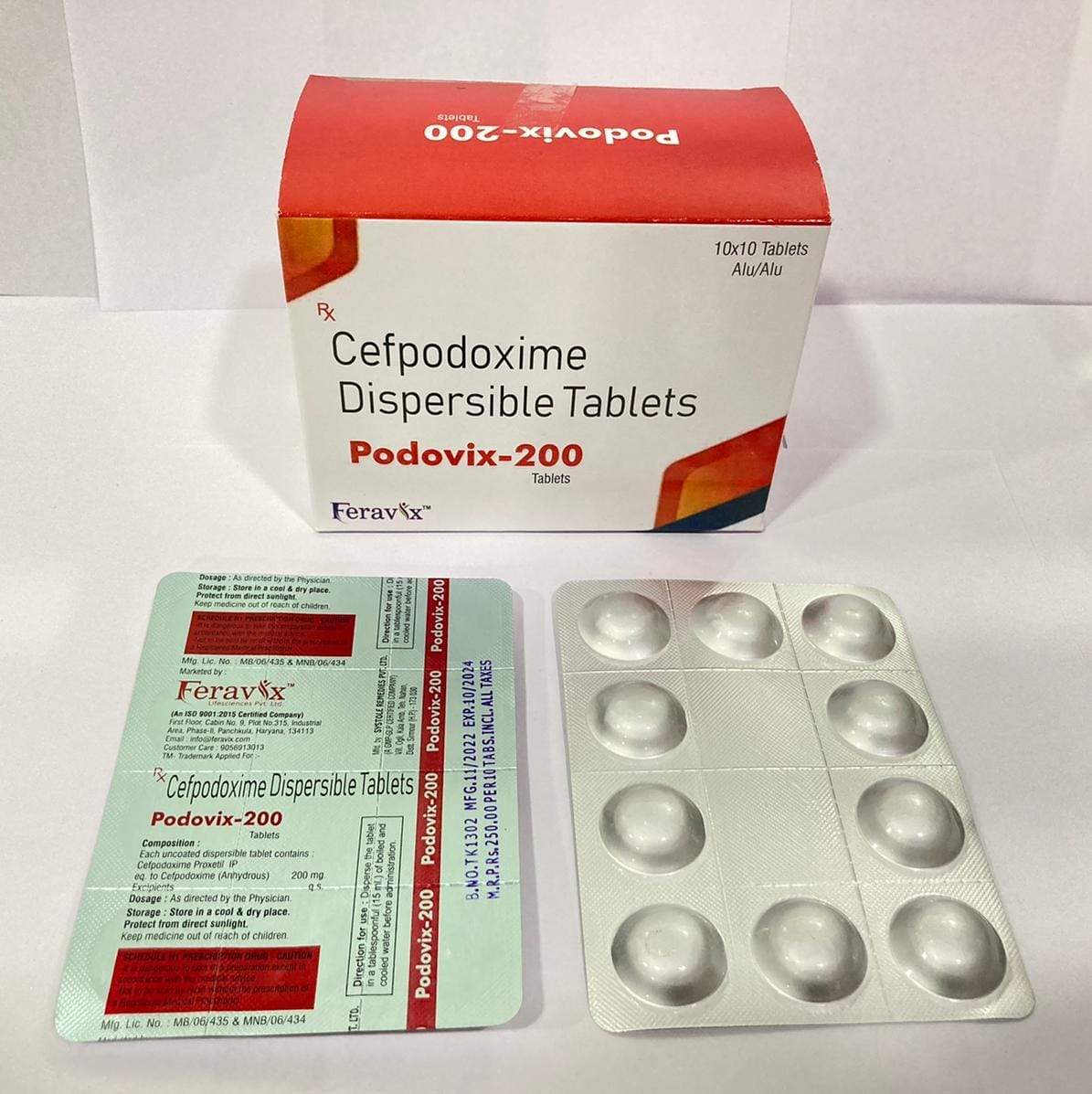 Product Name: PODOVIX 200 Tablets, Compositions of PODOVIX 200 Tablets are CEFPODOXIME PROXETILE 200MG - Feravix Lifesciences