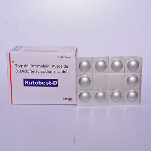 Product Name: RUTOBEST D Tablets, Compositions of BROMELAIN, RUTOISDE, TRYPSIN, DICLOFENAC are BROMELAIN, RUTOISDE, TRYPSIN, DICLOFENAC - Aeon Remedies