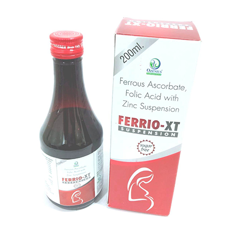 Product Name: FERRIO XT, Compositions of FERRIO XT are Ferrous  Ascrobate, FolicAcid with Zinc Suspension - Ozenius Pharmaceutials