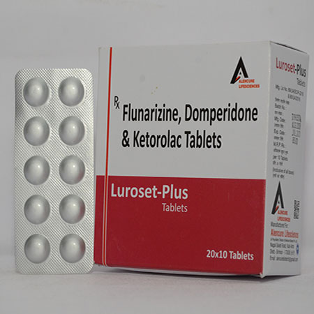 Product Name: LUROSET PLUS, Compositions of LUROSET PLUS are Flunarizine, Domperidone & Ketorolac Tablets - Alencure Biotech Pvt Ltd