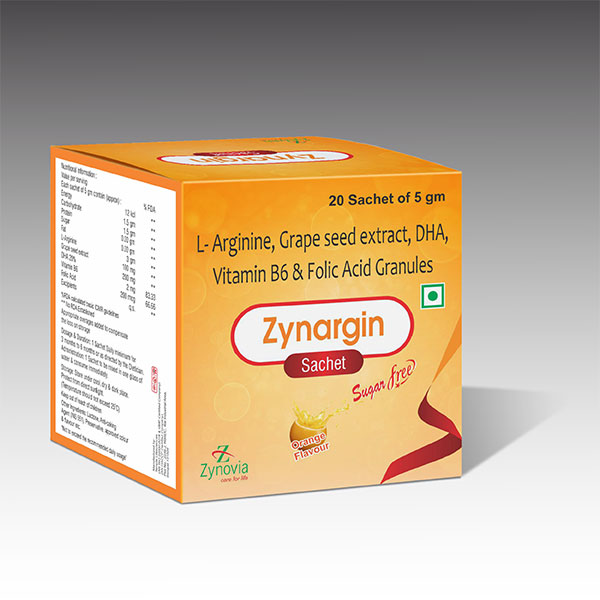 Product Name: Zynargin, Compositions of Zynargin are L-Arginine, Grape Seed extract, DHA, Vitamin B6 & Folic Acid Granules - Zynovia Lifecare