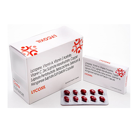 Product Name: Lycoxil, Compositions of Lycoxil are Lycopene, Vitamin A VItamin E, Acetate, Vitamin C, ZInc Sulphate Monohydrates, Copper Sulphate  Pentahydrate, Betacarotene Selenium & Manganese Sulphate Soft Gelatin Capsules - Cista Medicorp