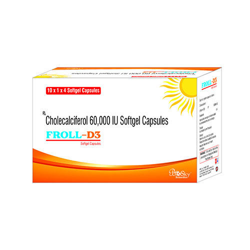 Product Name: Froll D3 , Compositions of Froll D3  are Cholecalciferol 60,000 IU Softgel Capsules - Biosky Remedies