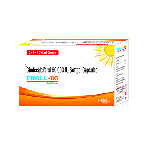 Product Name: Froll D3, Compositions of Froll D3 are Cholecalciferol 60,000 IU Softgel Capsules - Biosky Remedies