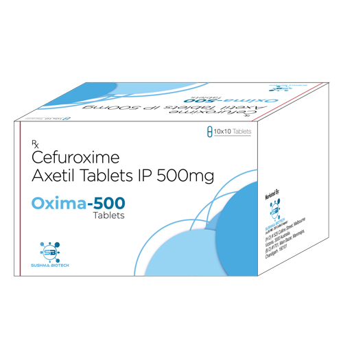 Product Name: Oxima 500, Compositions of Oxima 500 are Cefuroxime Axetil Tablets I.P 500mg - Sushma Biotech