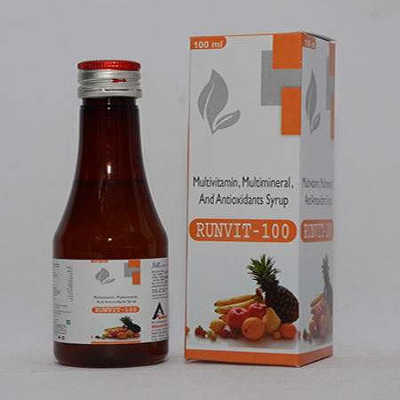 Product Name: RUNVIT 100, Compositions of RUNVIT 100 are Multivitamin, Multimineral, And Antioxidants Syrup - Alencure Biotech Pvt Ltd